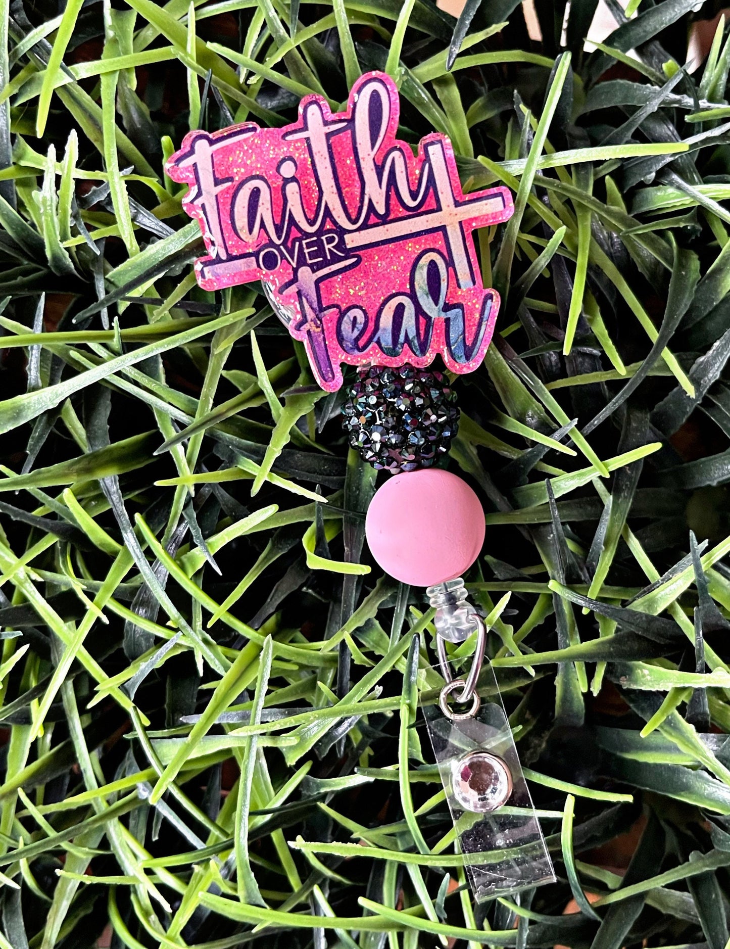 Pink Faith Over Fear Badge Reel - Cross ID Clip- Glittered Badge Holder- Religious Medical ID Holder- Nurse Gift- Dental Gift