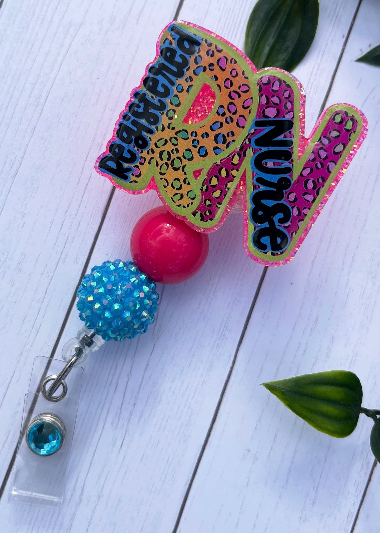 Rainbow RN Badge Reel - Rainbow Leopard print Beaded Badge Holder - Registered Nurse Badge - Nurse - Medical - RN-