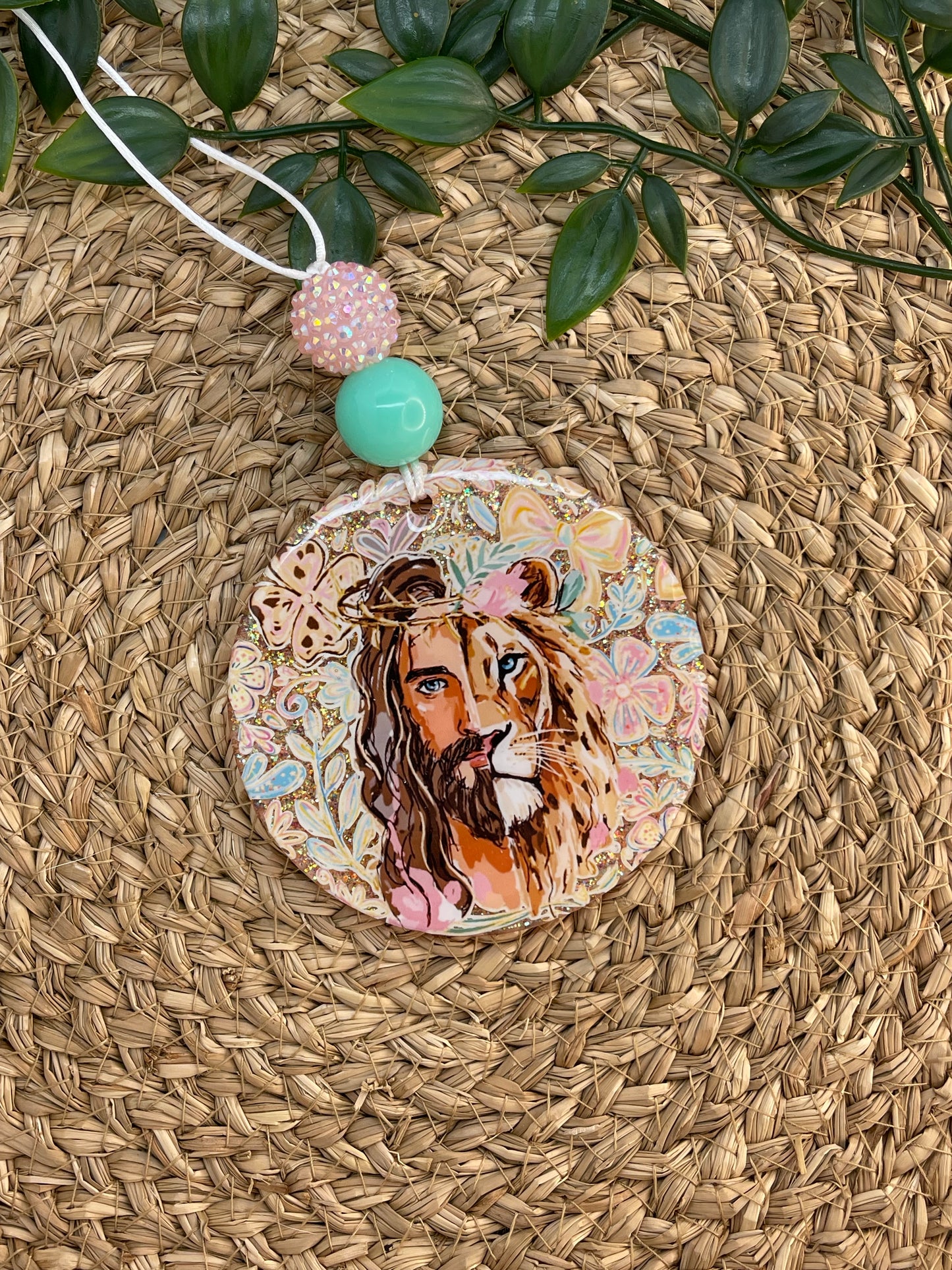 Faith Car Charm – Lion & Jesus Rearview Mirror Charm | Christian Car Accessory | Handmade Keychain Gift