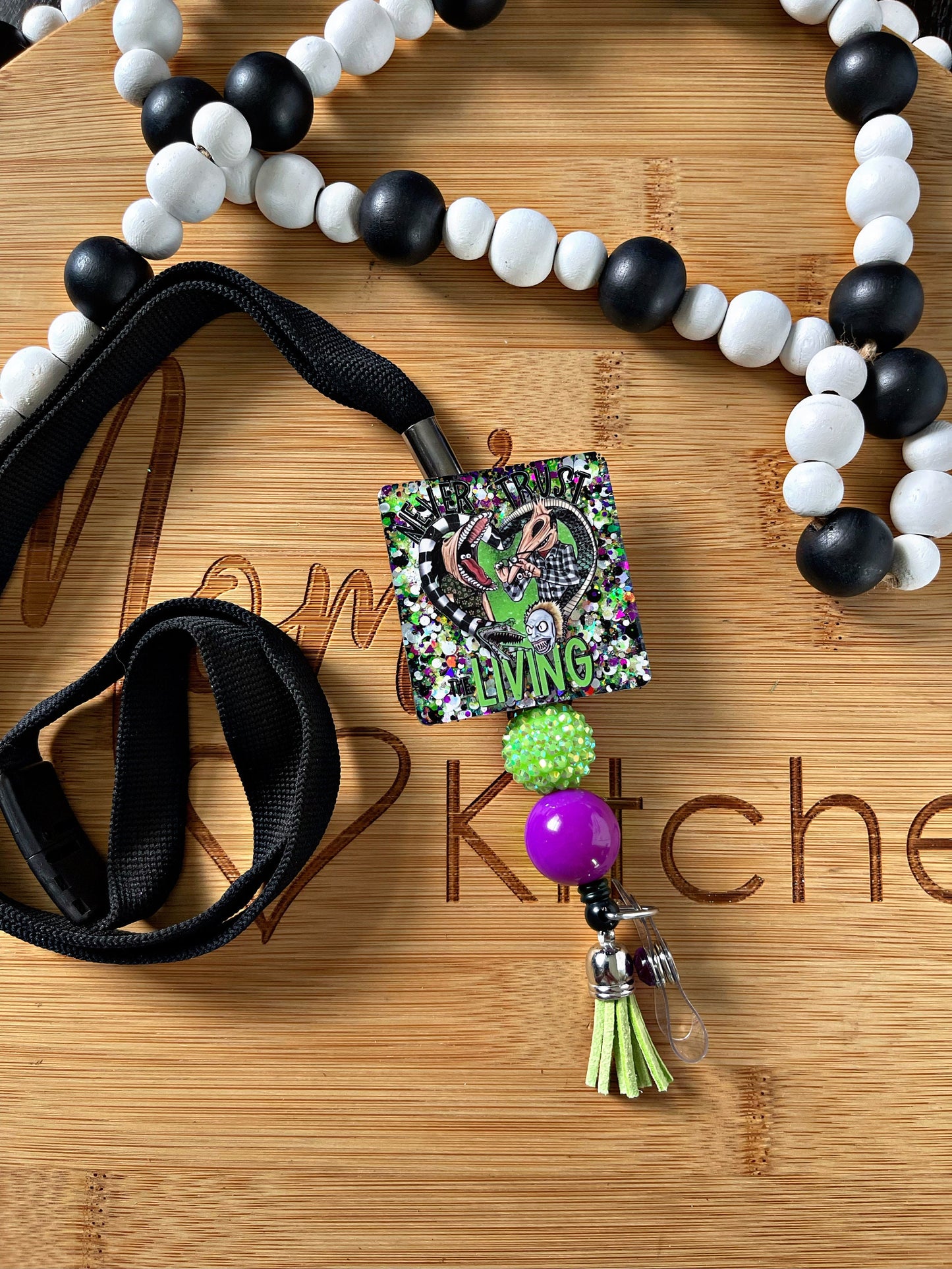 Beetlejuice inspired Retractable Lanyard- Beetle Juice Lanyard-Never trust the living Halloween lanyard- Teacher Gift-