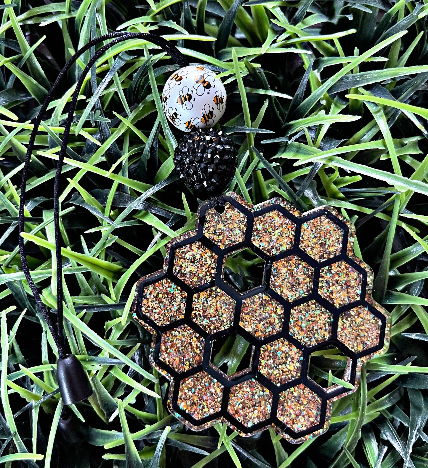 Honey Comb Car Charm- Bumble Bee Car Charm- Honey Charm- Rearview Mirror Charm- Cute Car Accessories- Save The Bees- Beaded Charm-