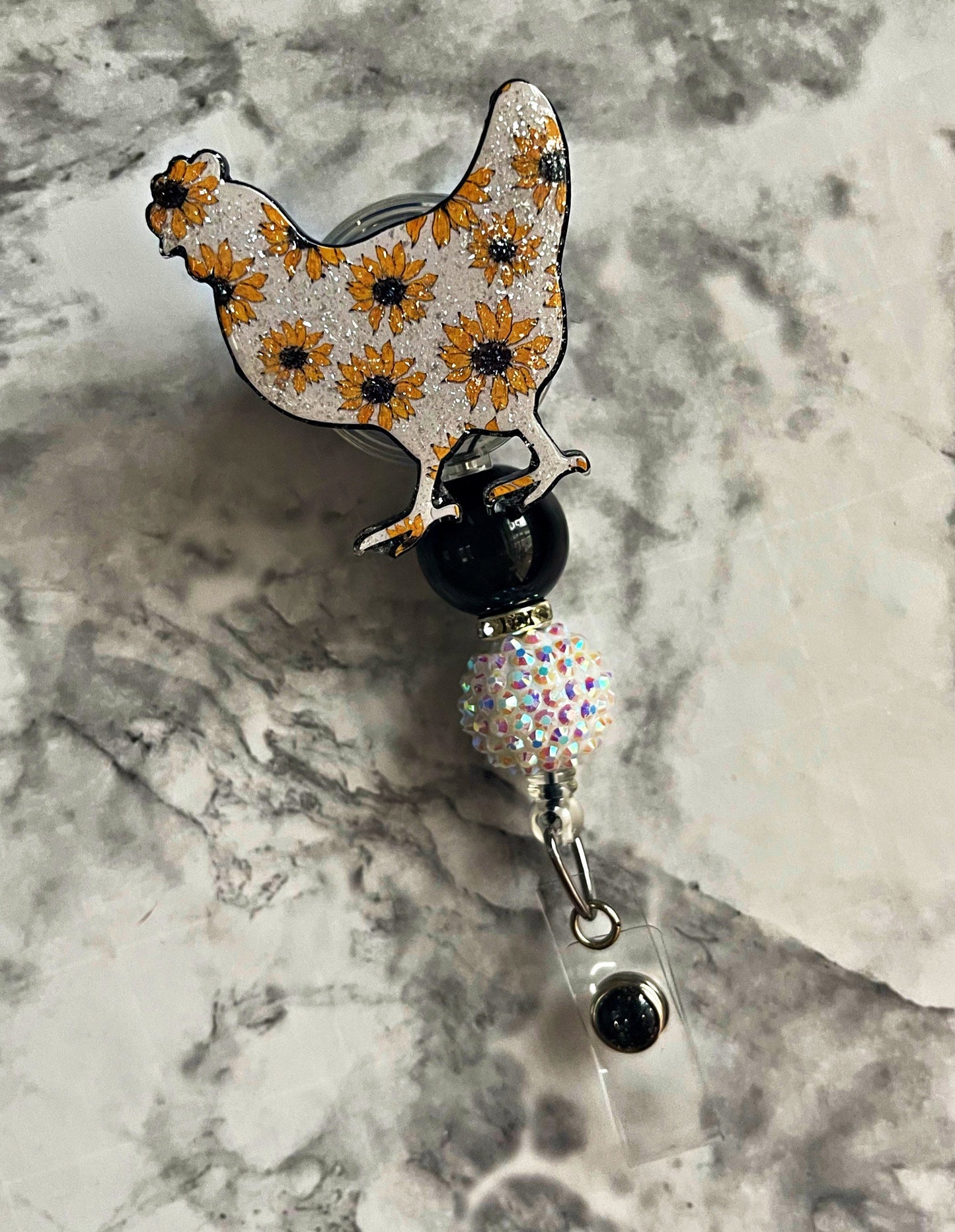 Chicken Badge Reel - Sunflower ID Clip- Chicken Retractable Badge Holder- Chicken ID Holder- Nurse Gift- Teacher Gift- Floral Key Card Hold
