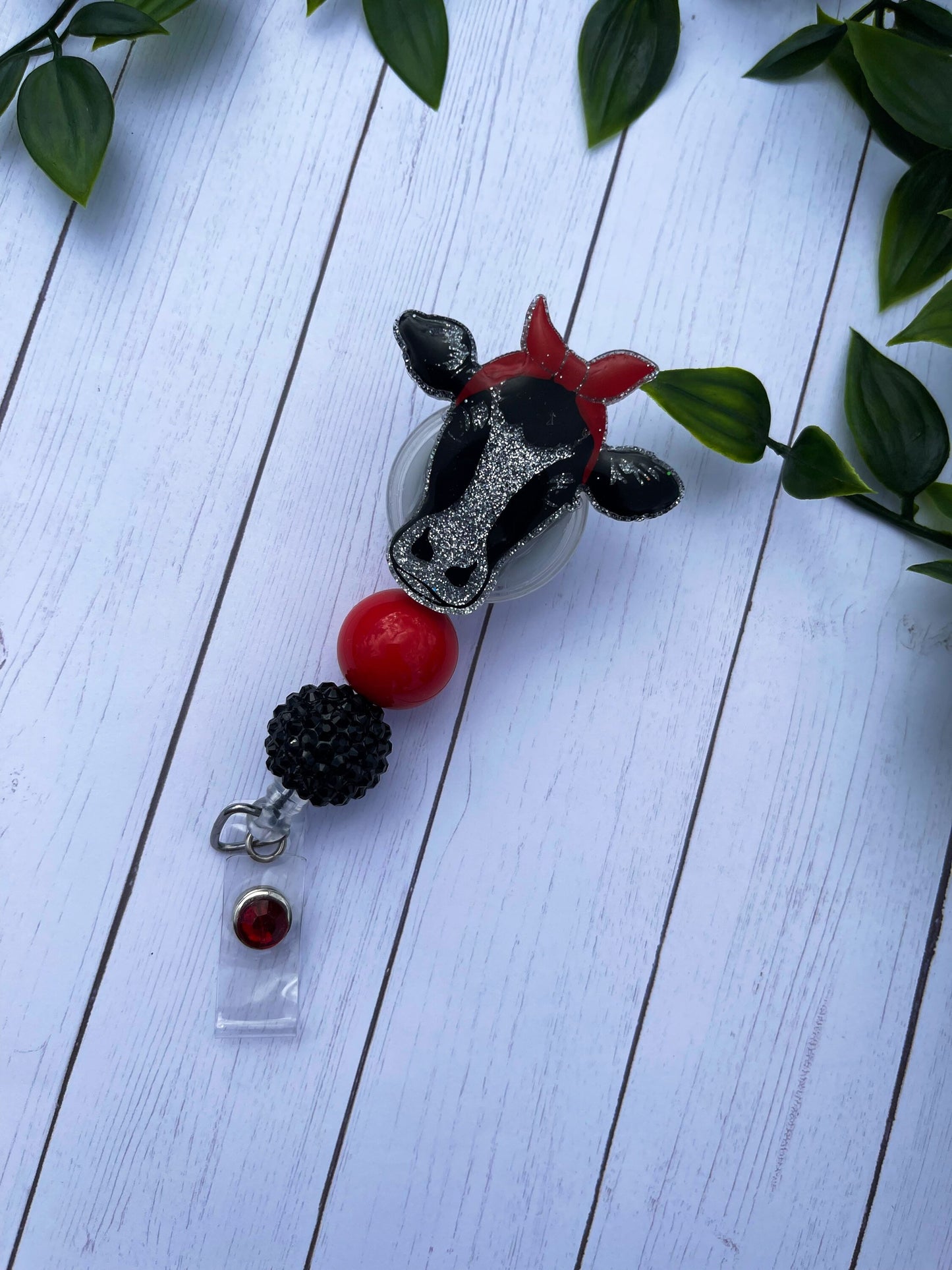 Cow With Red Bandanna Badge Reel - Cow Beaded Badge Holder - Cow Badge - Nurse - Medical Assistant - Teacher - RN Glitter Badge Reel