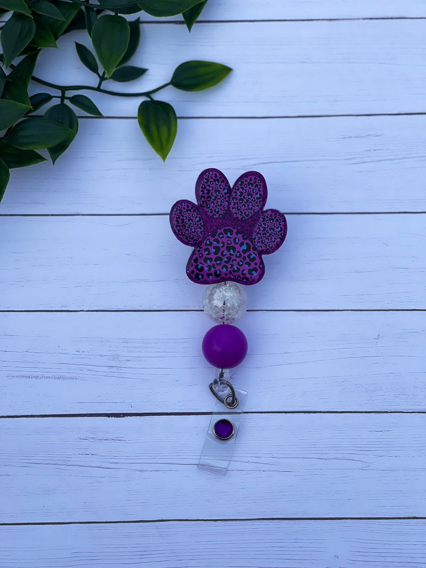 Purple Leopard Print Paw Badge Reel - Puppy Beaded Badge Holder - Leopard Badge - Rescue - Nurse - Medical Assistant - Teacher - RN - Vet -