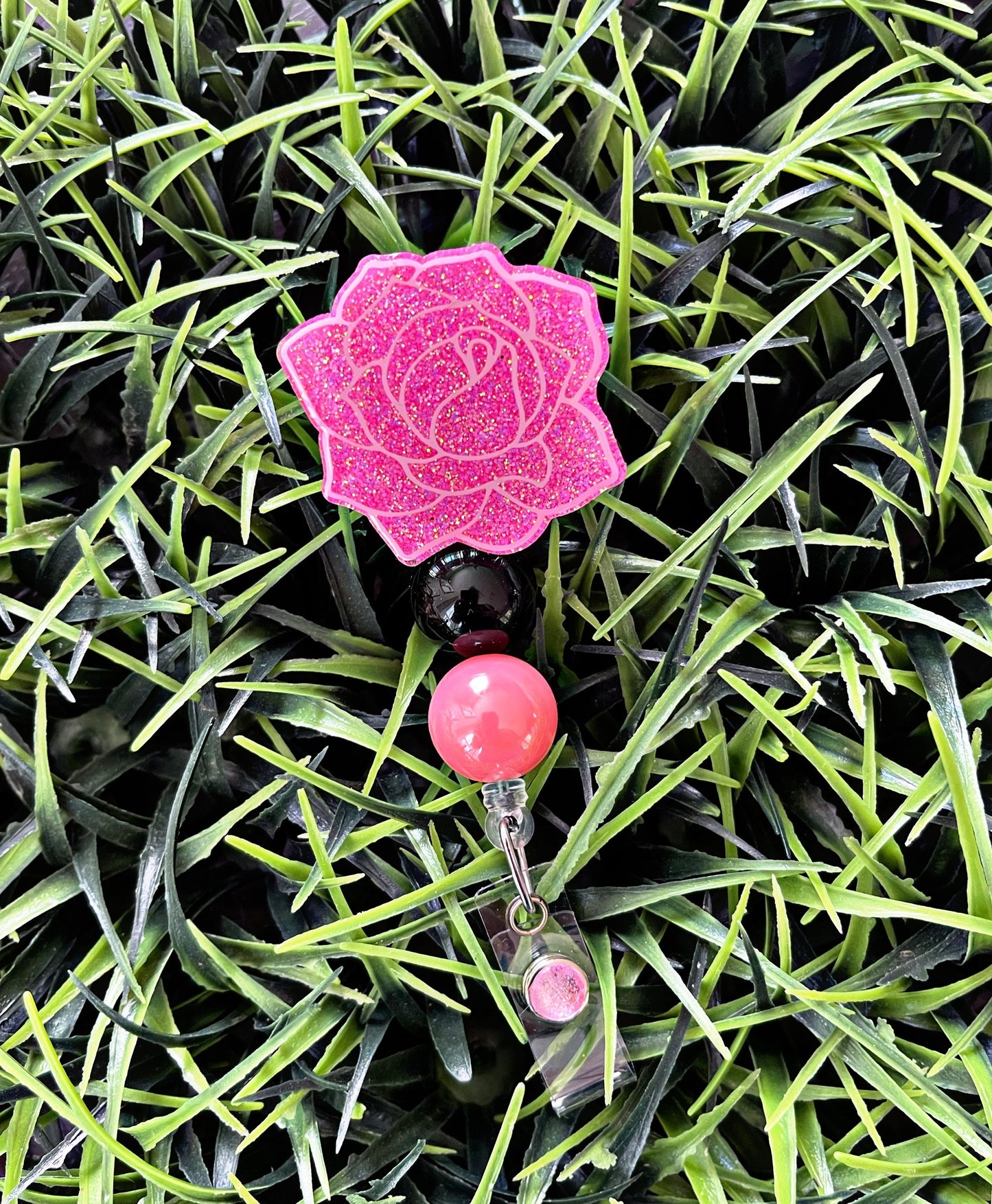 Pink flower Badge Reel - Rose ID Clip- Badge Holder- Floral ID Holder- Nurse Gift- Teacher Gift