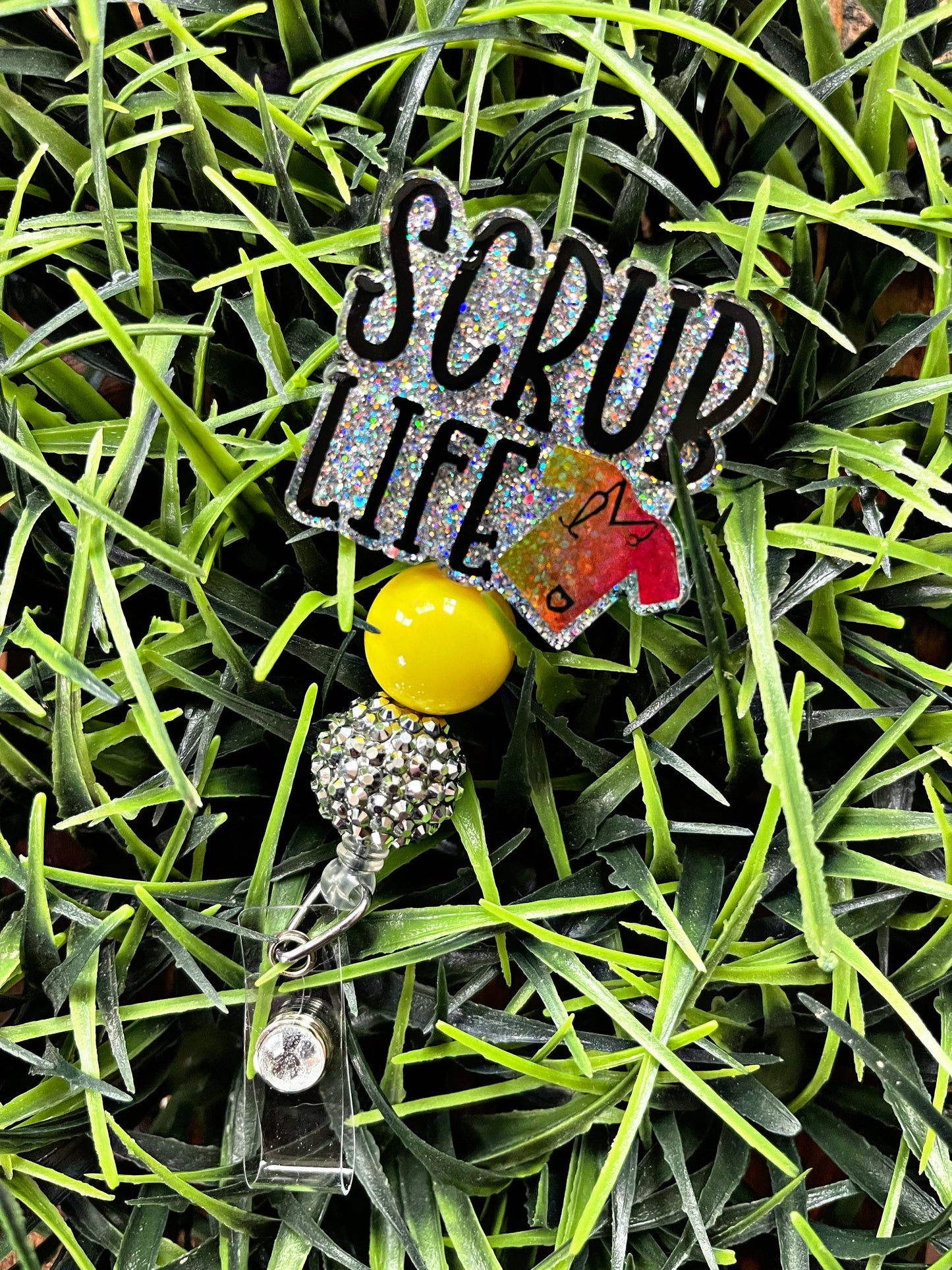 Yellow Scrub Life Badge Reel - Rainbow Print ID Clip- Glittered Badge Holder- Medical ID Holder- Nurse Gift- Dental Gift