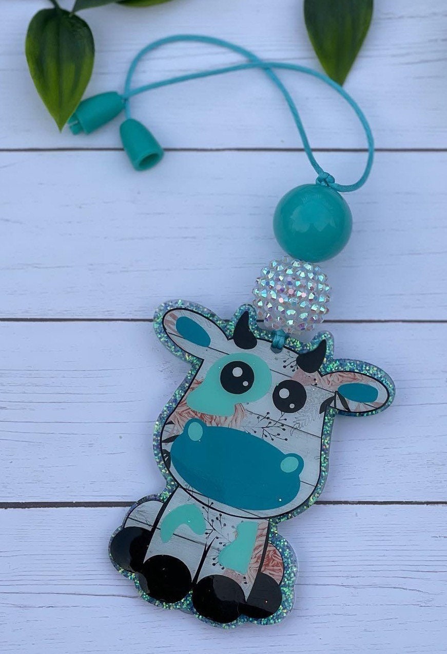 Cow Car Charm- Rearview Mirror Charm- Car Accessories- Farmhouse Charm- Teal Cow Beaded Charm