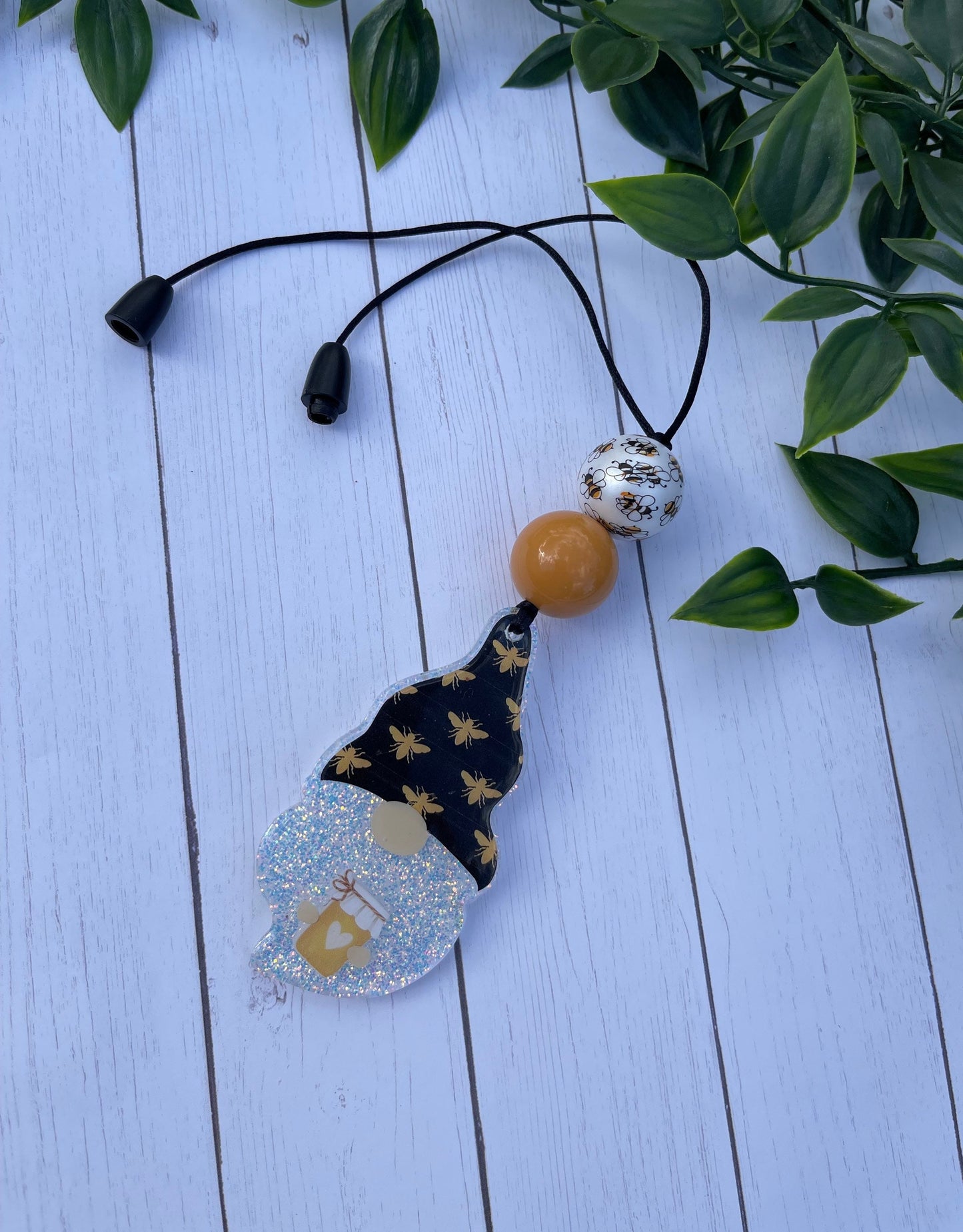 Gnome Car Charm- Bee Rearview Mirror Charm- Car Accessories- Save the Bees Charm- Boy Gnome Beaded Charm