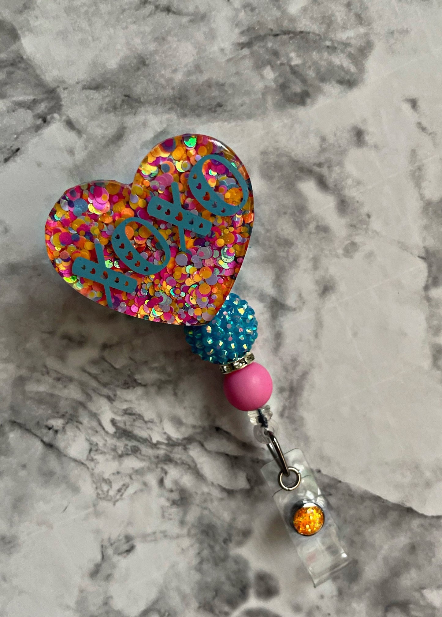 XOXO Valentine’s Day Heart Retractable Badge Reel- I Love You ID Holder- Red Glitter Holiday RN Key Card- Hospital Nurse Gift- Medical Tag