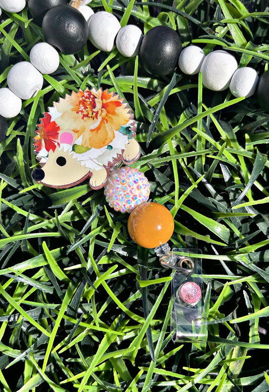 Cute Badge Reel • Floral Badge Holder • Hedgehog ID Clip
