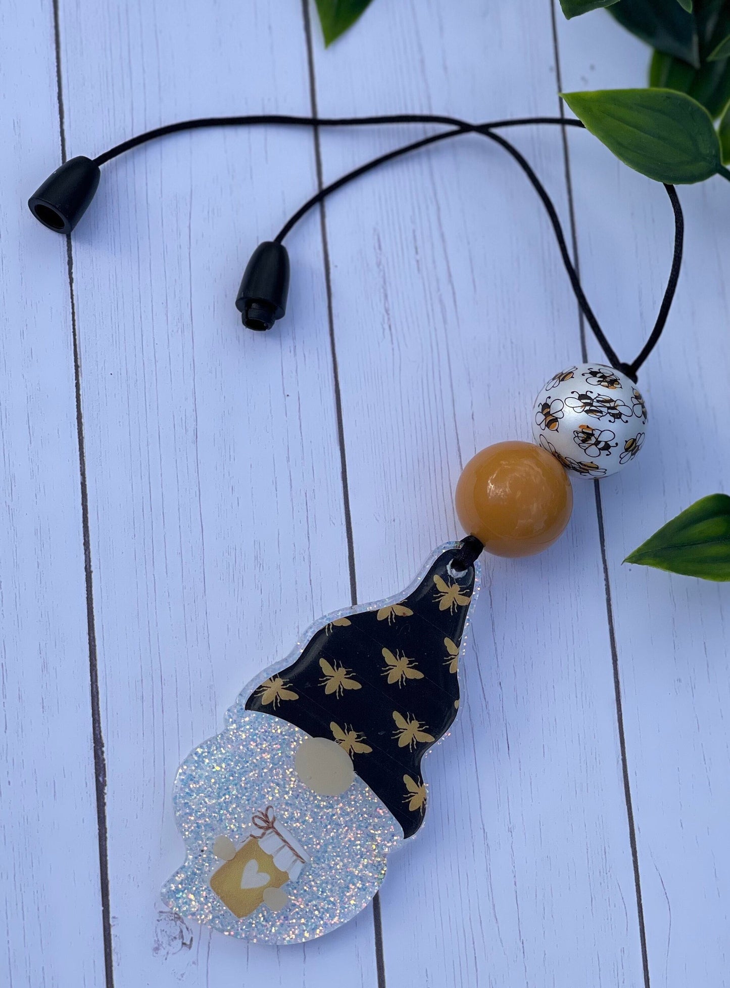 Gnome Car Charm- Bee Rearview Mirror Charm- Car Accessories- Save the Bees Charm- Boy Gnome Beaded Charm