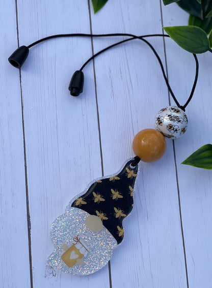 Gnome Car Charm- Bee Rearview Mirror Charm- Car Accessories- Save the Bees Charm- Boy Gnome Beaded Charm