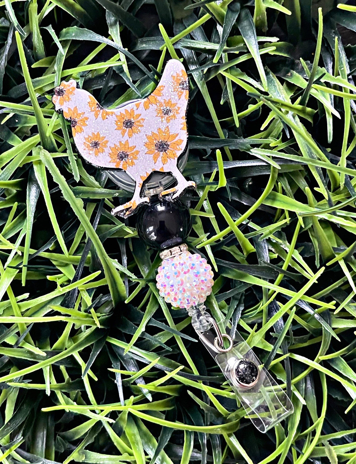 Chicken Badge Reel - Sunflower ID Clip- Chicken Retractable Badge Holder-  Chicken ID Holder- Nurse Gift- Teacher Gift- Floral Key Card Hold
