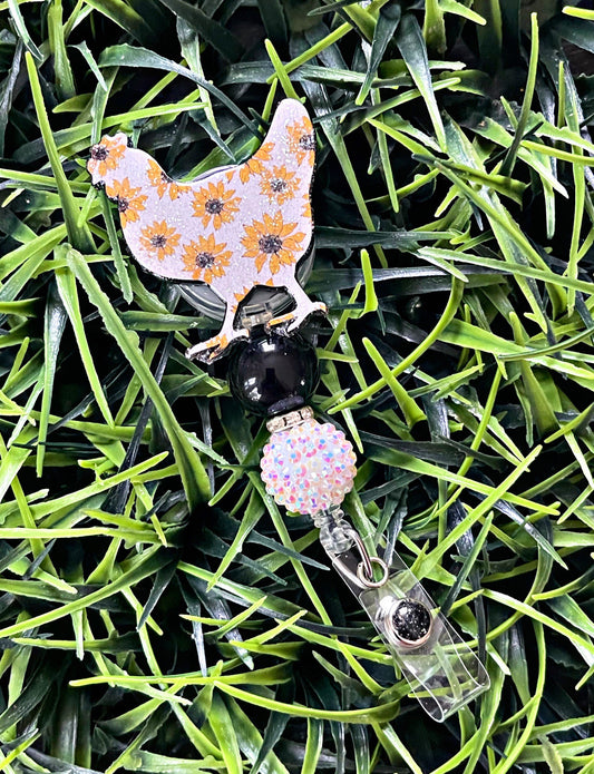 Chicken Badge Reel - Sunflower ID Clip- Chicken Retractable Badge Holder-  Chicken ID Holder- Nurse Gift- Teacher Gift- Floral Key Card Hold
