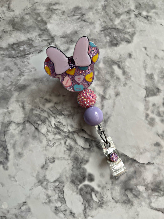 Valentines Mouse Badge Reel- Sweethearts Badge Reel- Conversation hearts Id holder- RN key card- Nurse Accessories- Minnie Inspired Badge