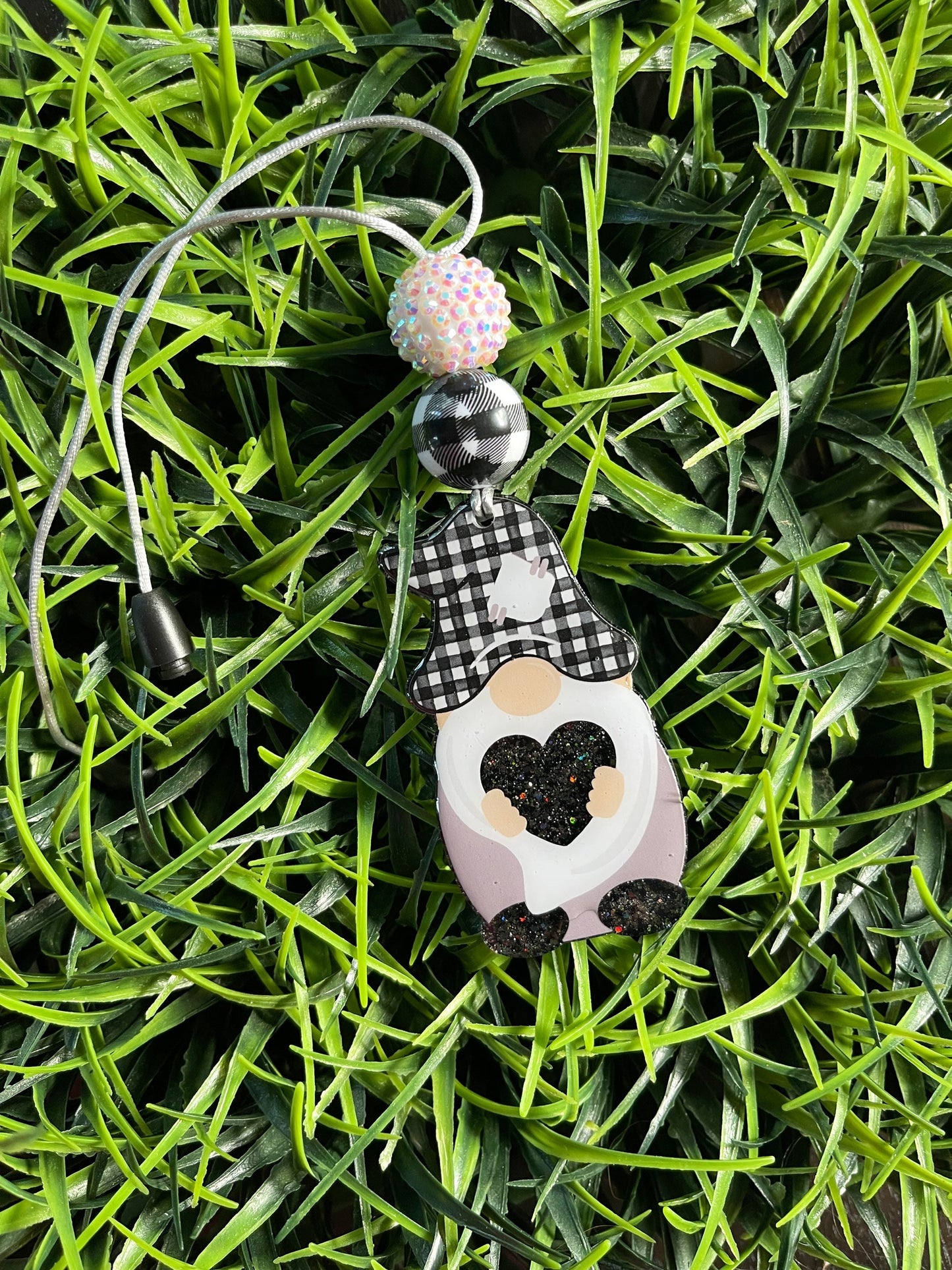Gnome Car Charm- Plaid Rearview Mirror Charm- Cute Car Accessories- Farmhouse Charm- Garden Gnome Beaded Charm- Cute Car Clip
