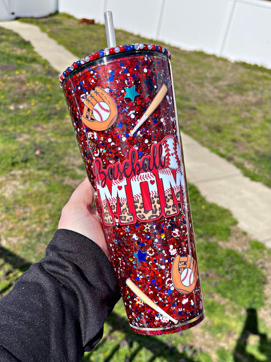 Baseball Mom Snow globe Tumbler, Americana Venti Cup, Blinged Lid Tumbler, Starbucks Tumbler, Double Wall Tumbler, Glitter Tumbler, 24 oz
