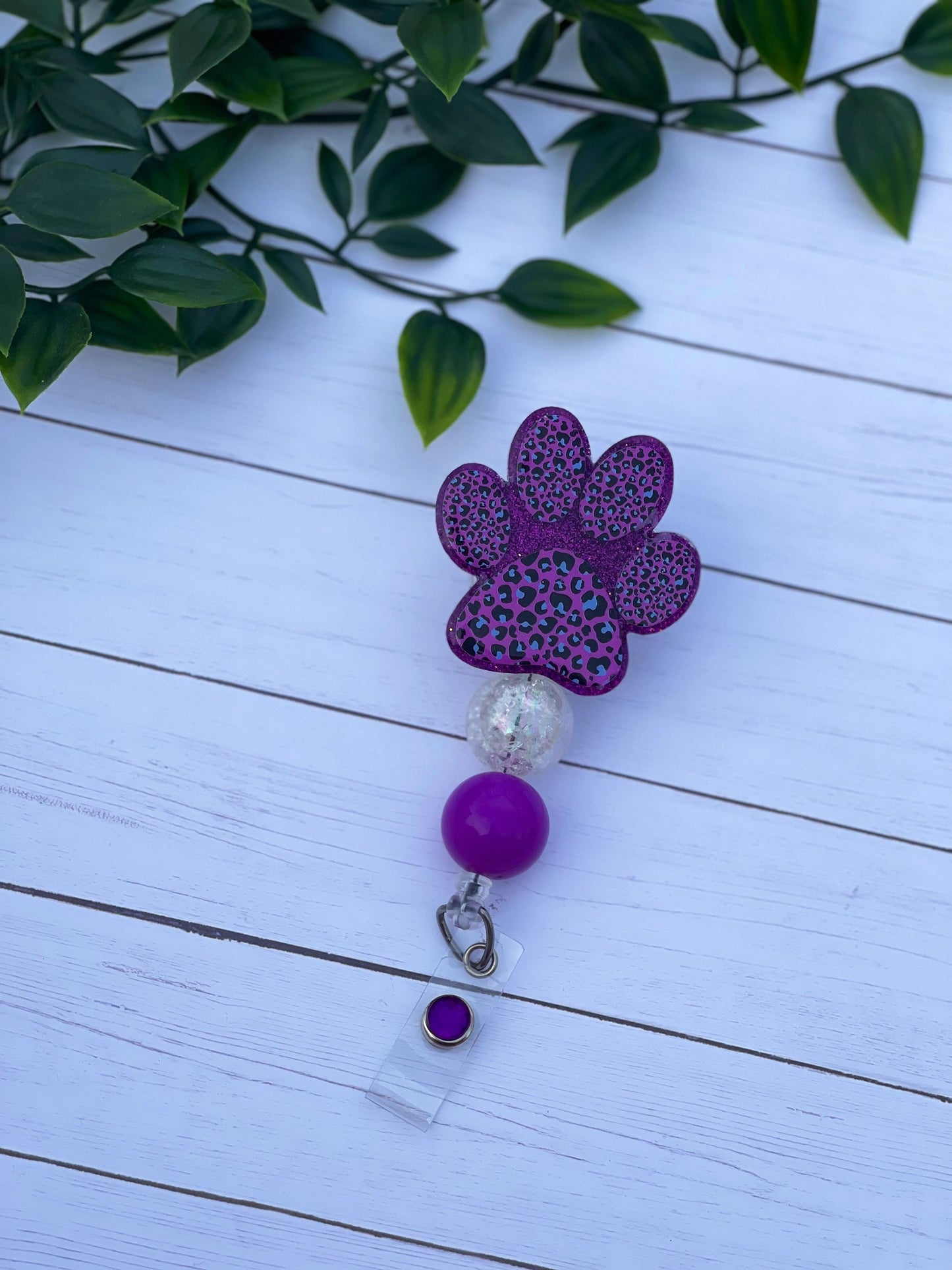 Purple Leopard Print Paw Badge Reel - Puppy Beaded Badge Holder - Leopard Badge - Rescue - Nurse - Medical Assistant - Teacher - RN - Vet -