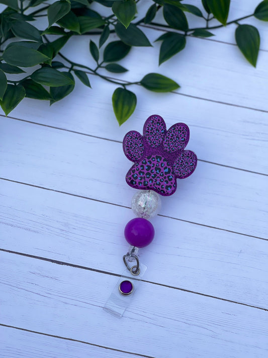 Purple Leopard Print Paw Badge Reel - Puppy Beaded Badge Holder - Leopard Badge - Rescue - Nurse - Medical Assistant - Teacher - RN - Vet -