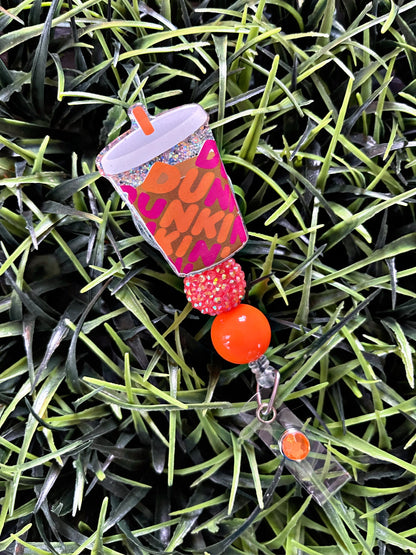 Dunkin Donuts Inspired Iced Coffee Badge Reel - Dunkie Junkie ID Clip- Coffee Badge Holder-  Dunkie Cold ID Holder- Nurse Gift- Teacher Gift