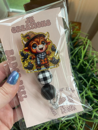 Fall Badge Reel - Thanksgiving Badge Holder- Cow Badge Reel