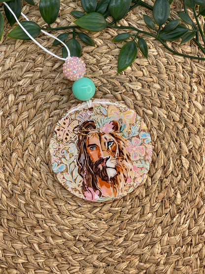 Faith Car Charm – Lion & Jesus Rearview Mirror Charm | Christian Car Accessory | Handmade Keychain Gift