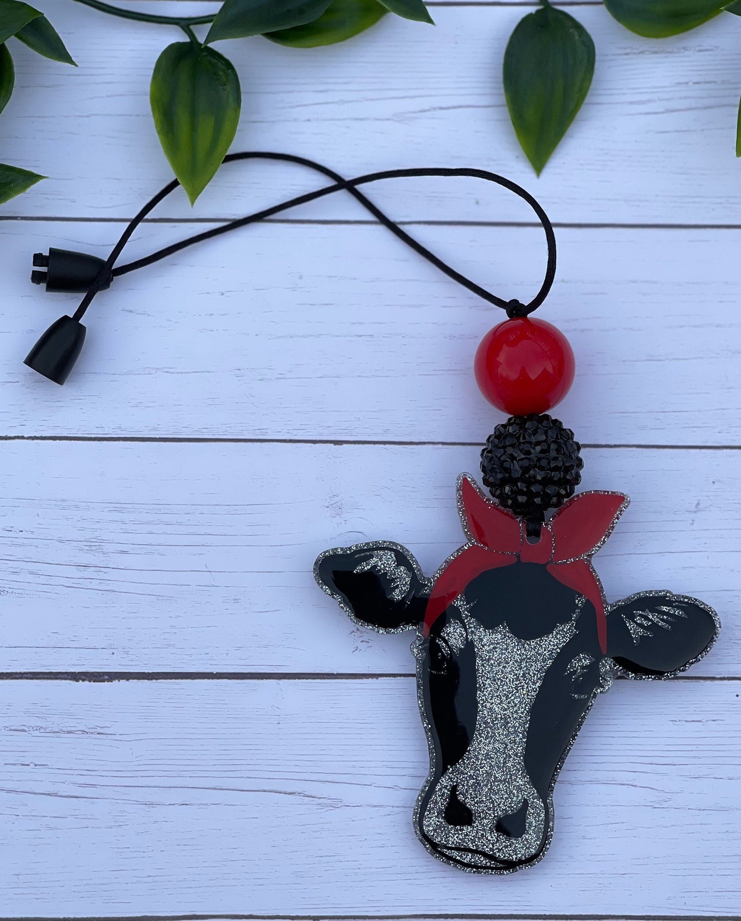 Cow Car Hanger- Rearview Mirror Charm- Cow Car Charm- Cute Car Accessories- Red Bandanna Car Ornament- Farm Car Decor- Car Mirror Clip