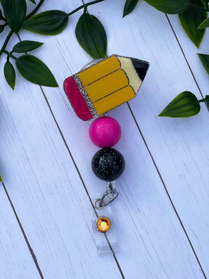 Pencil Badge Reel - Pencil Beaded Badge Holder - Teacher Badge - Office - Nurse - Medical Assistant - Teacher - RN