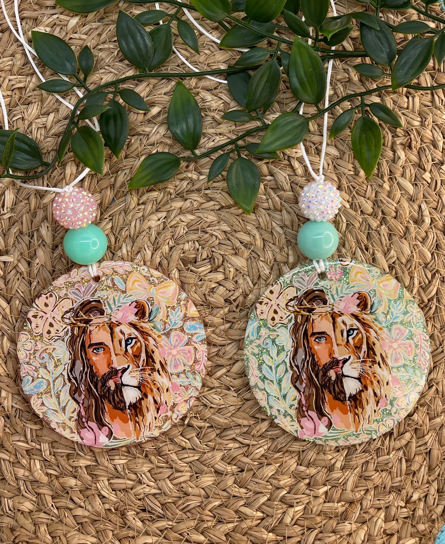 Faith Car Charm – Lion & Jesus Rearview Mirror Charm | Christian Car Accessory | Handmade Keychain Gift