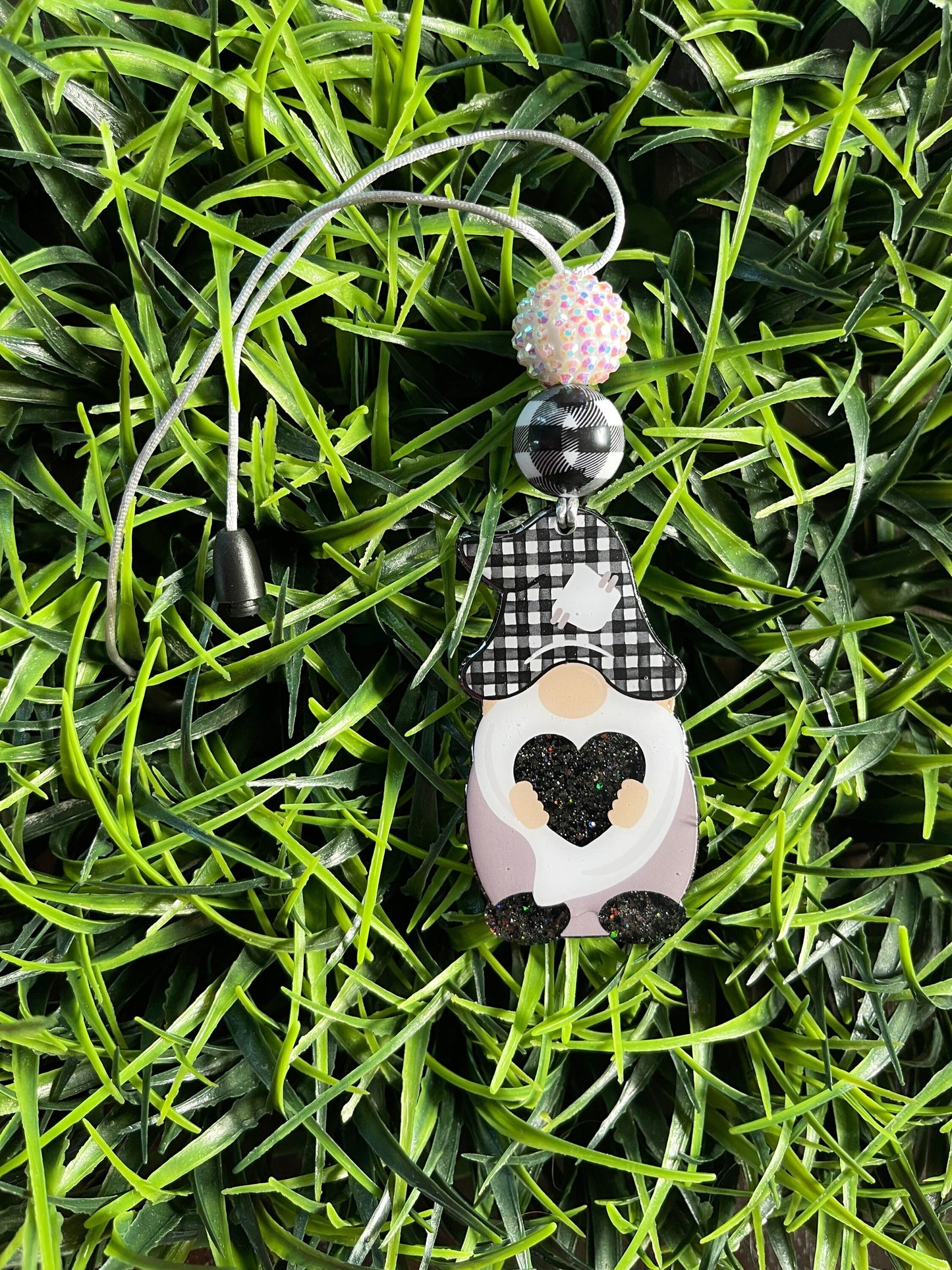 Gnome Car Charm- Plaid Rearview Mirror Charm- Cute Car Accessories- Farmhouse Charm- Garden Gnome Beaded Charm- Cute Car Clip