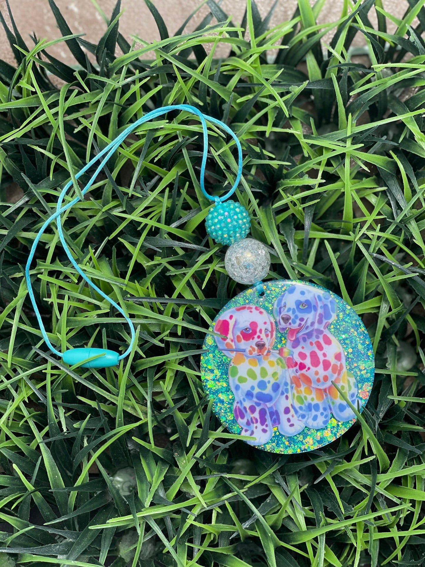 90s Nostalgia inspired Car Charm- Rainbow Dalmatian Rearview Mirror Clip-Dog Car Decor Nurse Gift- Teacher Gift