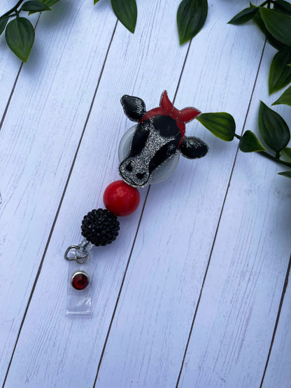 Cow With Red Bandanna Badge Reel - Cow Beaded Badge Holder - Cow Badge - Nurse - Medical Assistant - Teacher - RN Glitter Badge Reel