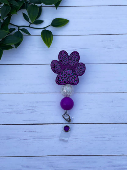 Purple Leopard Print Paw Badge Reel - Puppy Beaded Badge Holder - Leopard Badge - Rescue - Nurse - Medical Assistant - Teacher - RN - Vet -