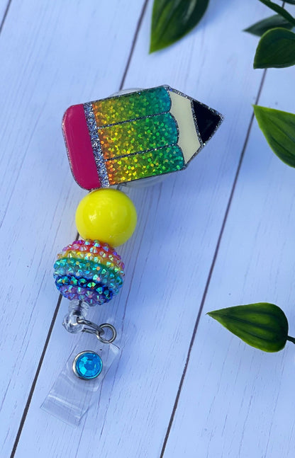 Pencil Badge Reel- Rainbow Pencil Badge Holder, Teacher Badge Reel