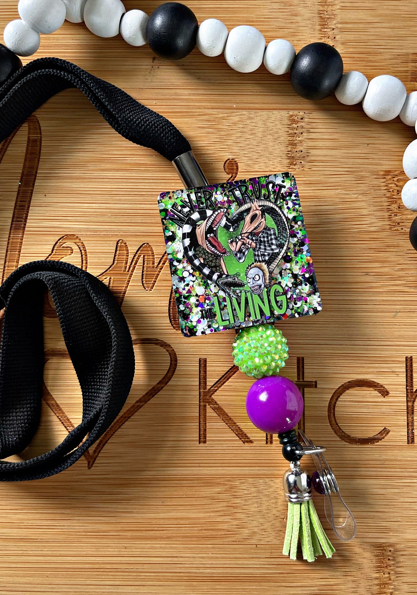 Beetlejuice inspired Retractable Lanyard- Beetle Juice Lanyard-Never trust the living Halloween lanyard- Teacher Gift-