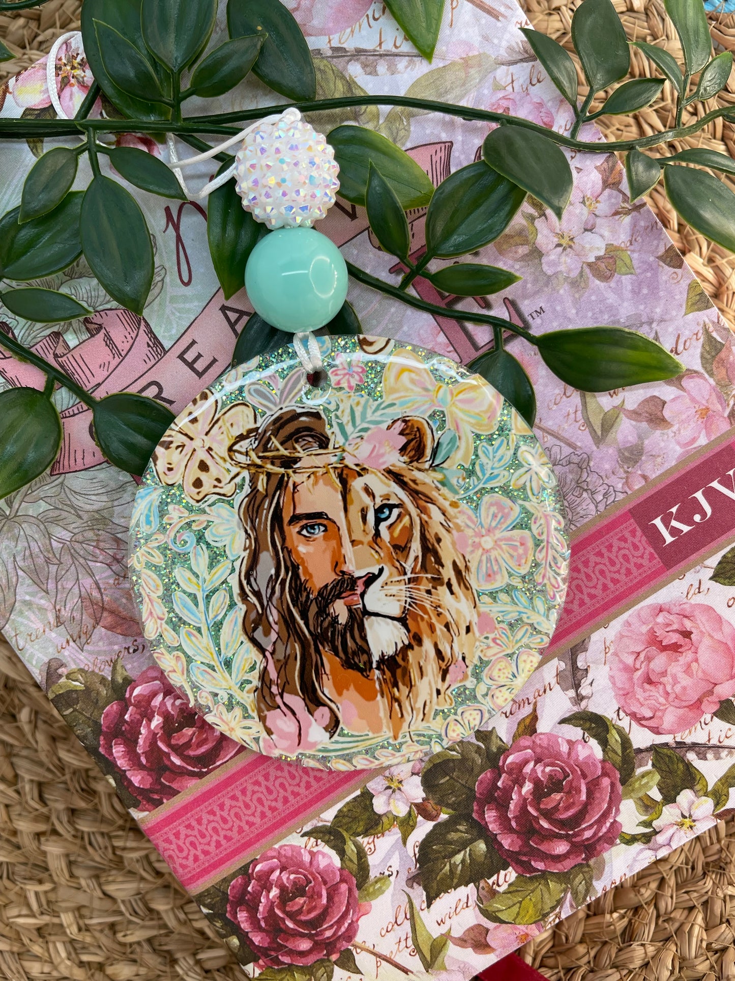 Faith Car Charm – Lion & Jesus Rearview Mirror Charm | Christian Car Accessory | Handmade Keychain Gift