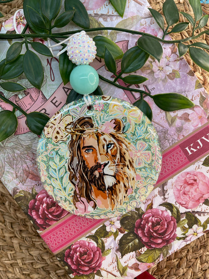 Faith Car Charm – Lion & Jesus Rearview Mirror Charm | Christian Car Accessory | Handmade Keychain Gift