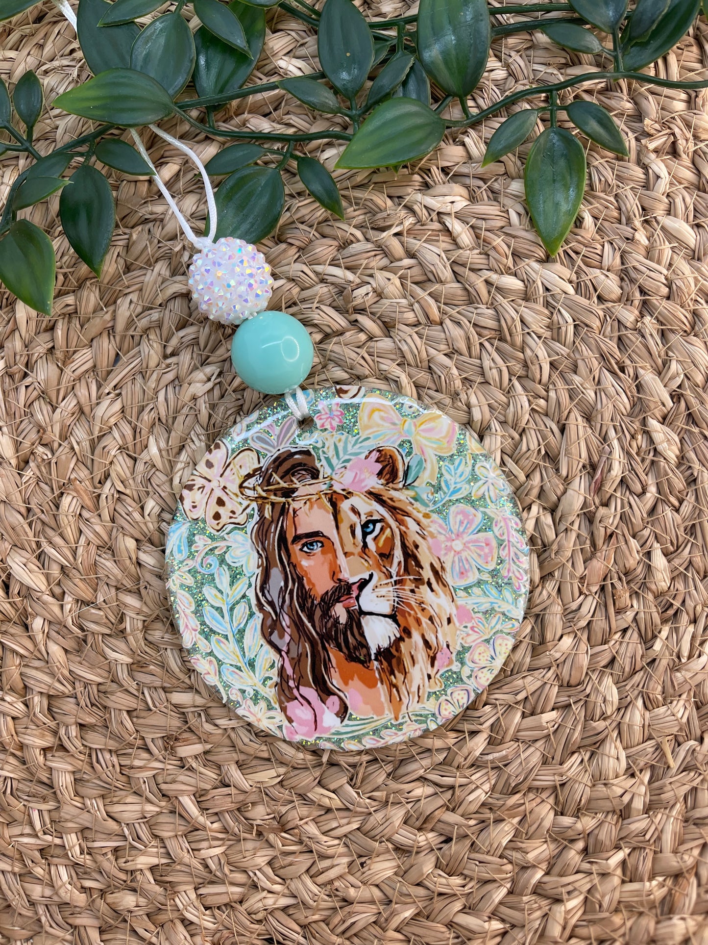Faith Car Charm – Lion & Jesus Rearview Mirror Charm | Christian Car Accessory | Handmade Keychain Gift