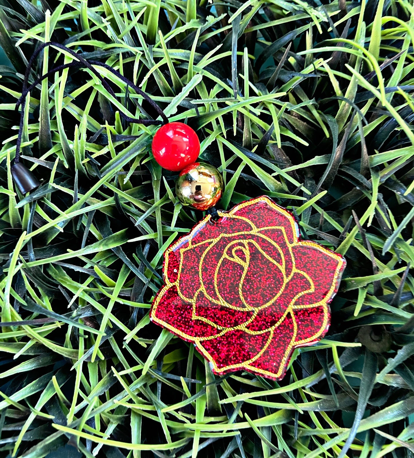 Rose Car Charm • Red Flower Car Hanger • Rearview Mirror Charm • Floral Car Accessories • Beaded Charm • Christmas Ornaments • Car Decor