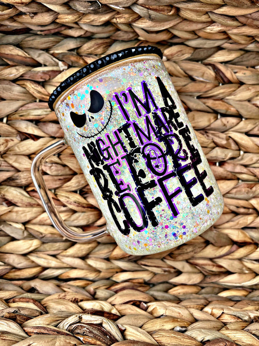 I’m a Nightmare Before Coffee Snow Globe Cup, Jack Skellington Glass Snowglobe Cup