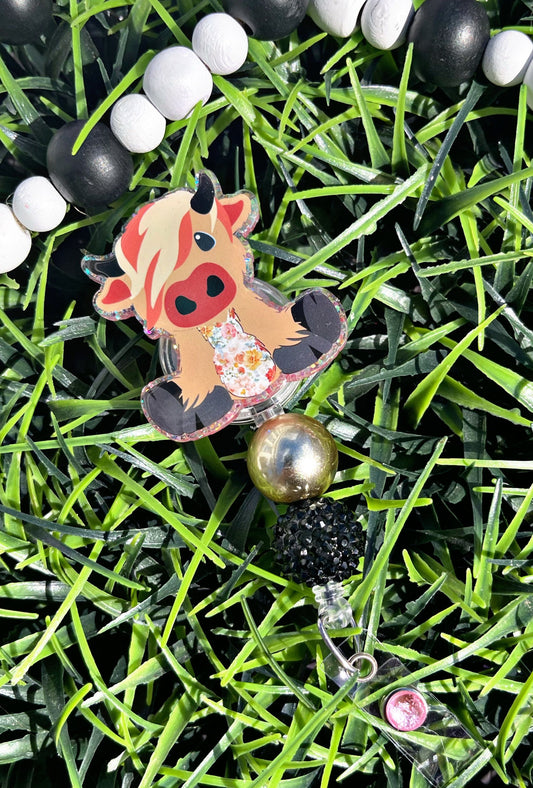 Highland Cow Floral Badge Reel • Cow ID Clip • Floral Retractable Badge Reel