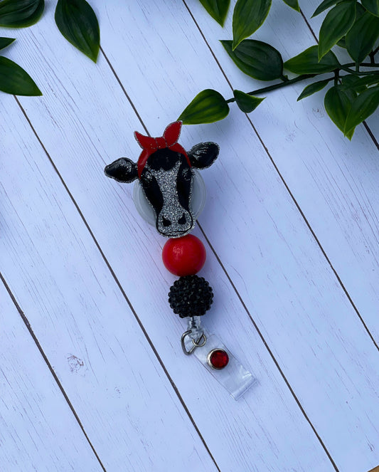Cow With Red Bandanna Badge Reel - Cow Beaded Badge Holder - Cow Badge - Nurse - Medical Assistant - Teacher - RN Glitter Badge Reel