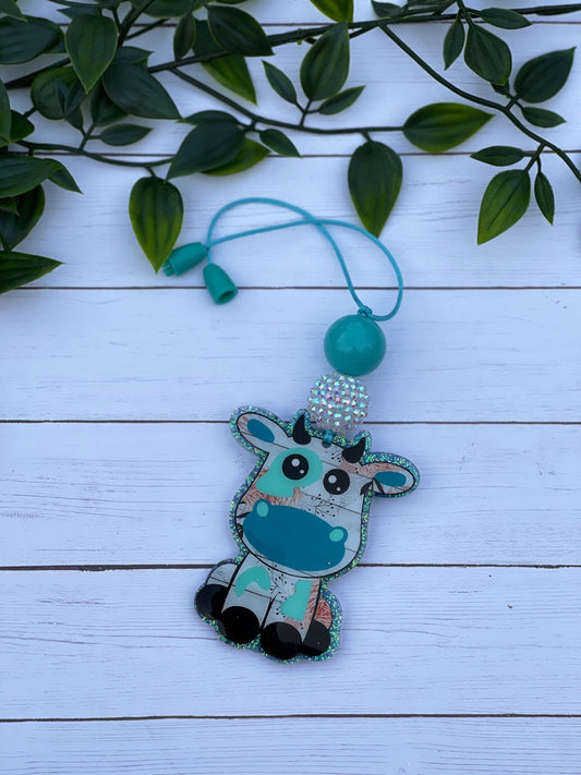 Cow Car Charm- Rearview Mirror Charm- Car Accessories- Farmhouse Charm- Teal Cow Beaded Charm