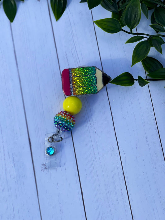 Pencil Badge Reel- Rainbow Pencil Badge Holder, Teacher Badge Reel