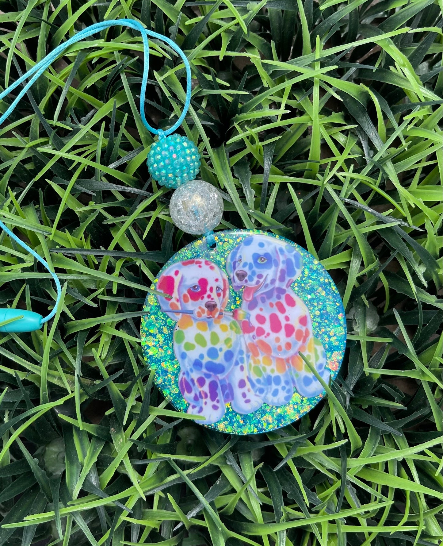 90s Nostalgia inspired Car Charm- Rainbow Dalmatian Rearview Mirror Clip-Dog Car Decor Nurse Gift- Teacher Gift