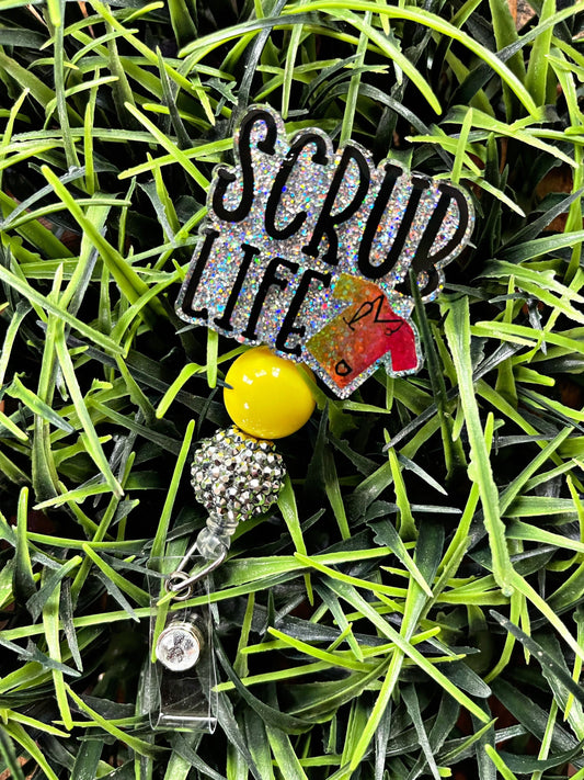 Yellow Scrub Life Badge Reel - Rainbow Print ID Clip- Glittered Badge Holder- Medical ID Holder- Nurse Gift- Dental Gift