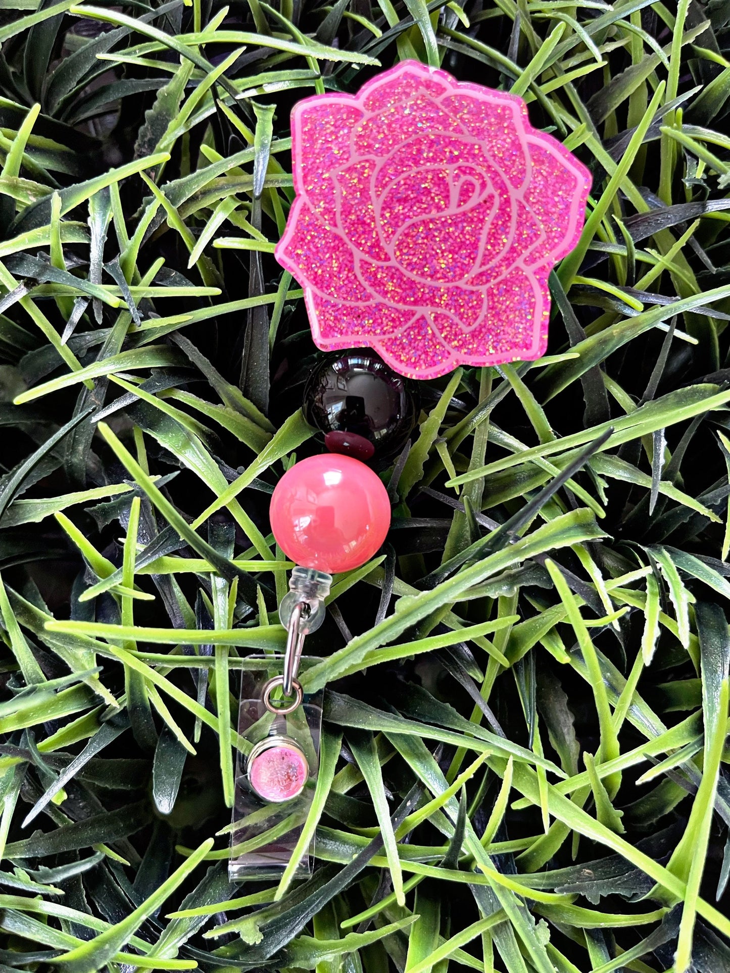 Pink flower Badge Reel - Rose ID Clip- Badge Holder-  Floral ID Holder- Nurse Gift- Teacher Gift
