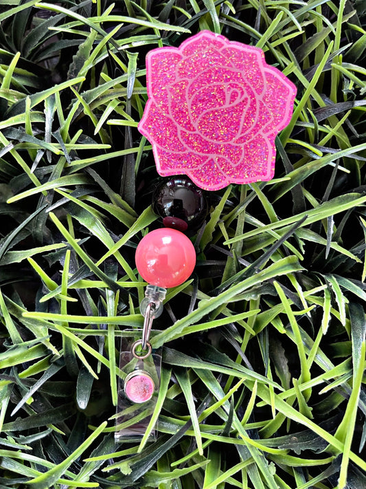 Pink flower Badge Reel - Rose ID Clip- Badge Holder-  Floral ID Holder- Nurse Gift- Teacher Gift