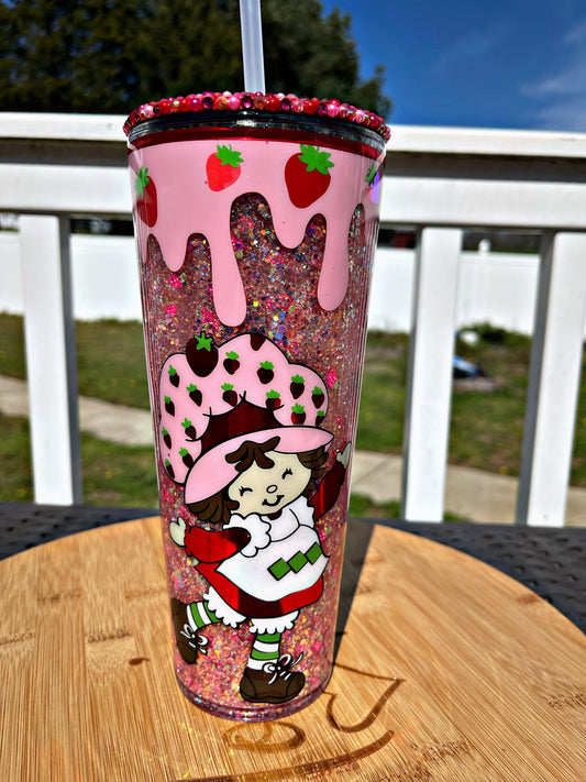 Strawberry Snow globe Tumbler, 80s Nostalgia Cartoon Bling Tumbler, Double Wall Tumbler, Glitter Tumbler