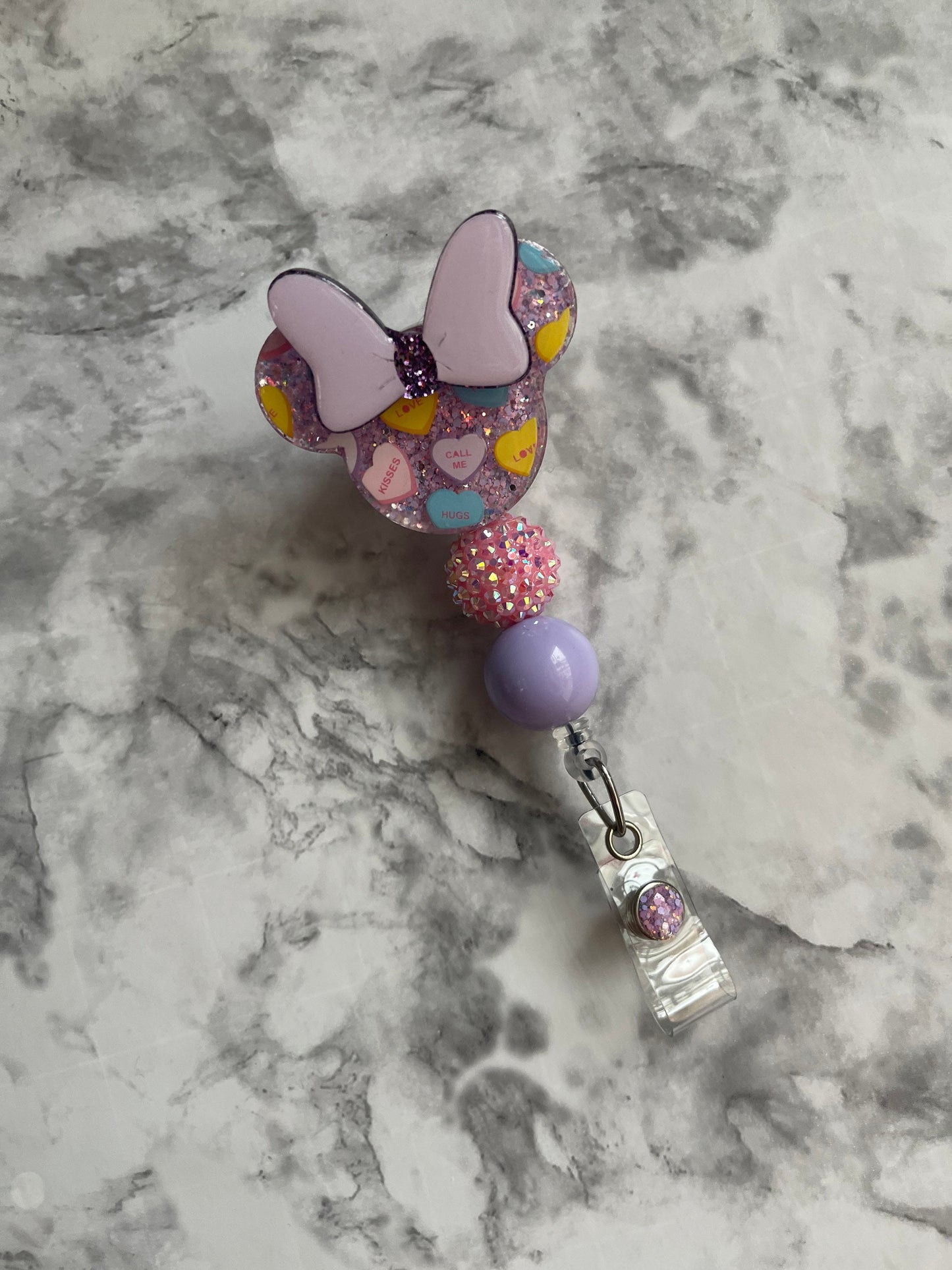 Valentines Mouse Badge Reel- Sweethearts Badge Reel- Conversation hearts Id holder- RN key card- Nurse Accessories- Minnie Inspired Badge